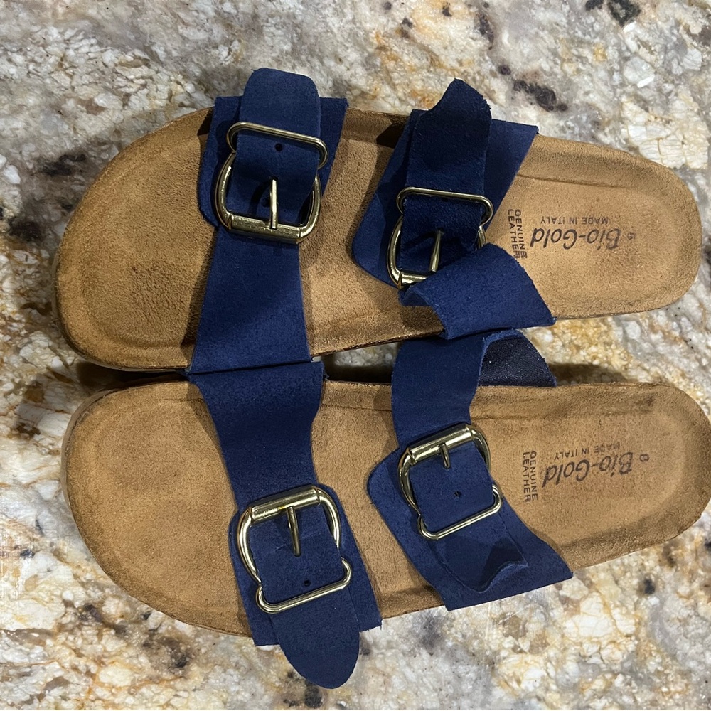 Bio-Gold Women's Navy Leather Slide Sandals